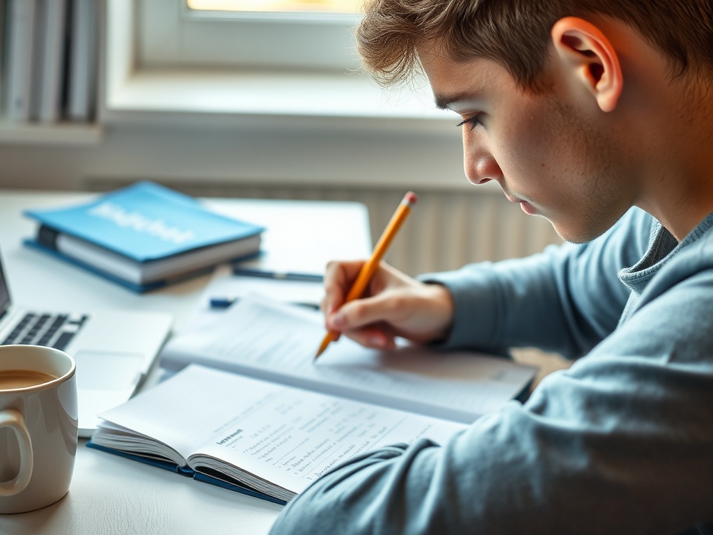 На изображении молодой человек, пишущий в блокноте, рядом ноутбук и чашка кофе.