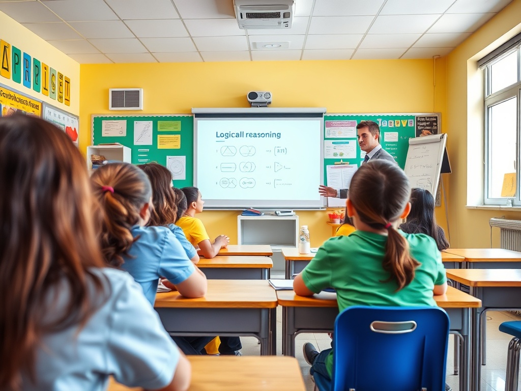 Учитель объясняет логическое мышление группе учеников в классной комнате. На доске схемы и формулы.