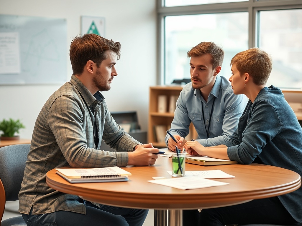 Группа людей в офисе обсуждает идеи за круглым столом, на столе лежат документы и напиток.