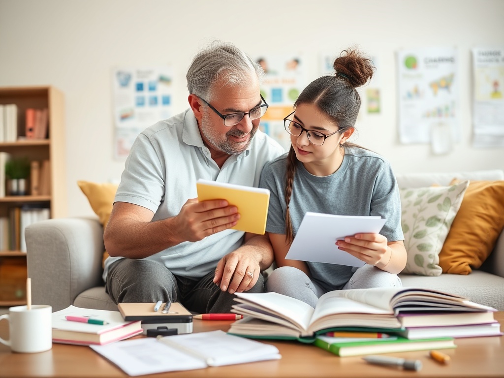 Дедушка и внучка изучают книги и делают заметки на диване, окруженные канцелярией и учебными материалами.
