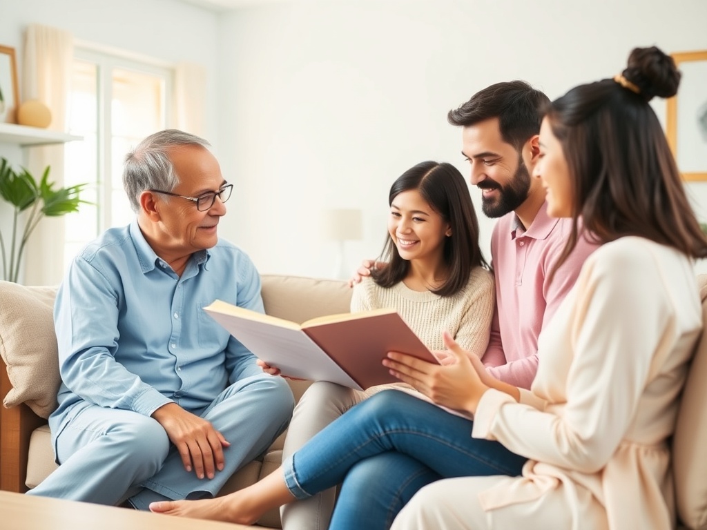 Семья сидит на диване, улыбается и читает книгу, общаясь и наслаждаясь временем вместе.
