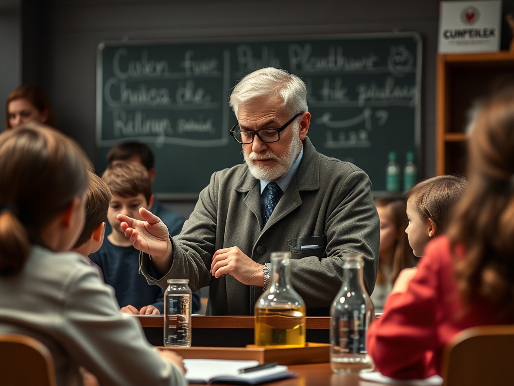 На уроке науки учитель объясняет материал группе учеников. На столе бутылки с жидкостями.