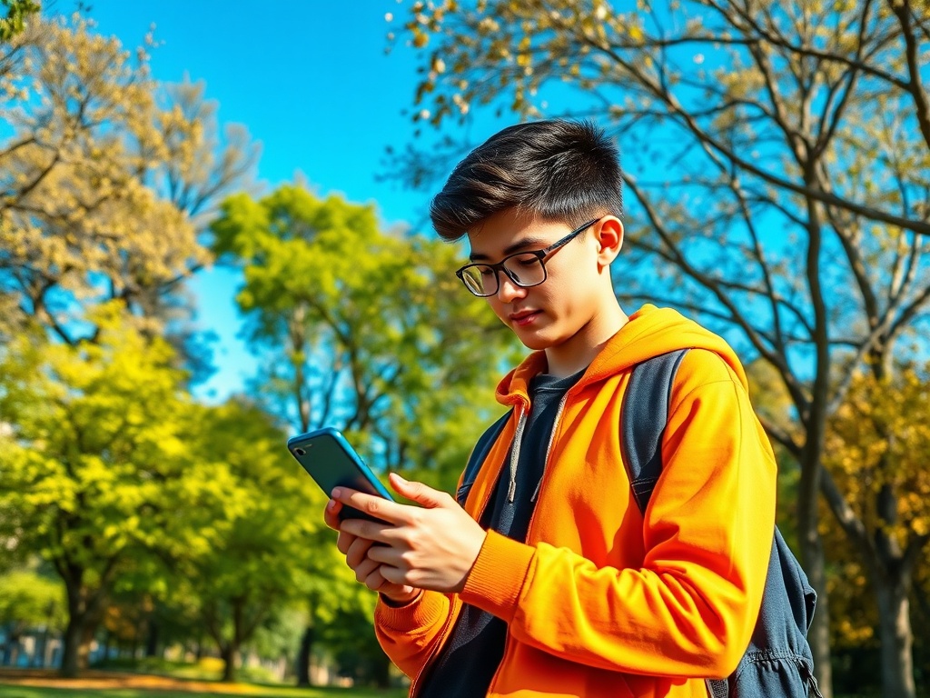 Молодой человек в оранжевом худи стоит на улице и смотрит в телефон под ясным голубым небом.