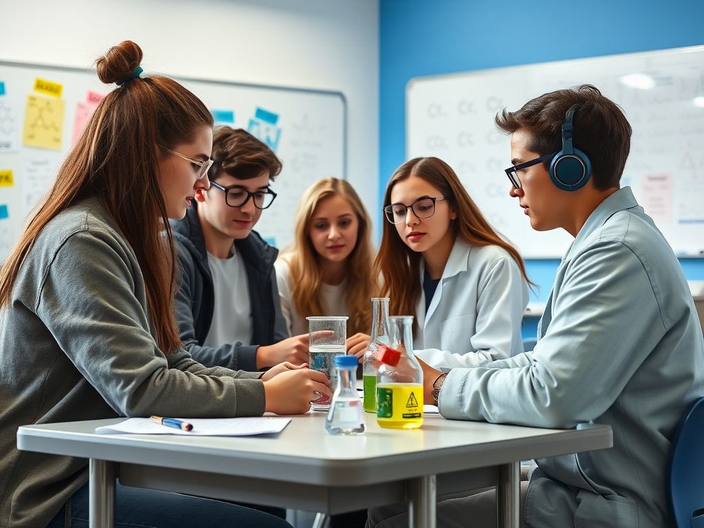 Группа студентов проводит эксперимент с химическими реагентами в учебной лаборатории.