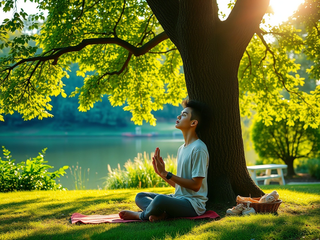 Молодой человек медитирует под деревом возле озера на траве в солнечный день.