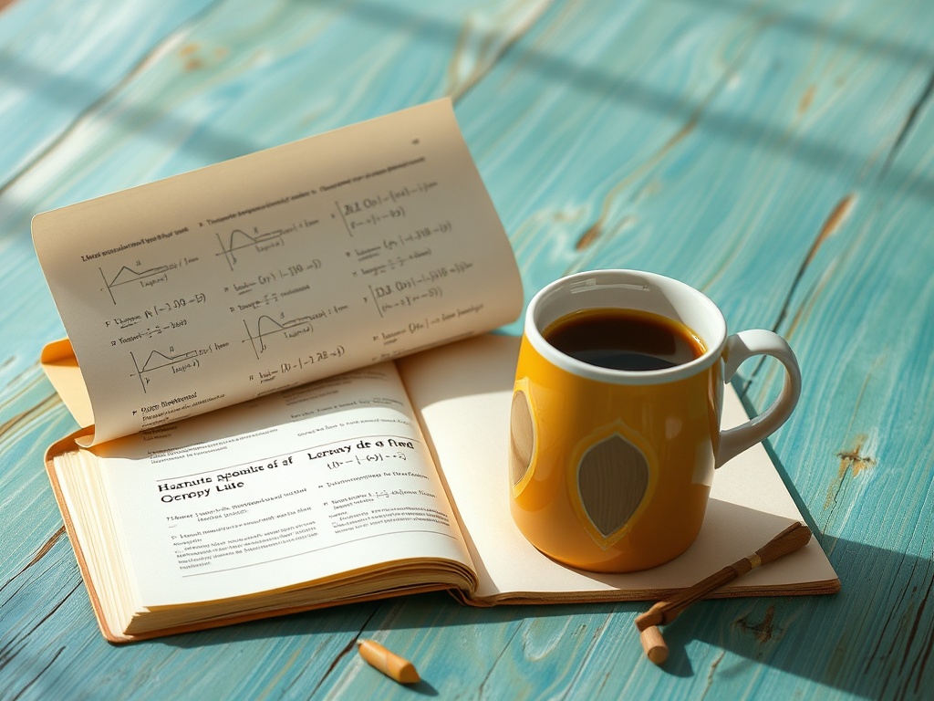 Чашка кофе на открытой книге с математическими формулами на светлом деревянном фоне.