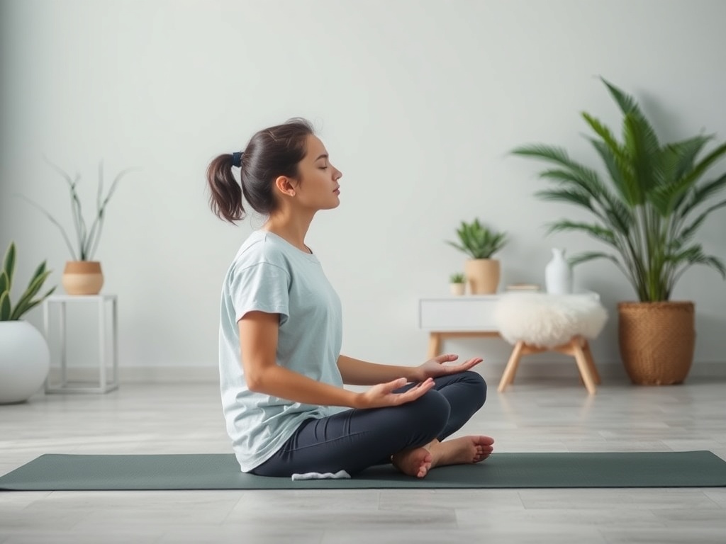 Молодая женщина медитирует на коврике для йоги в светлом помещении с зелеными растениями.