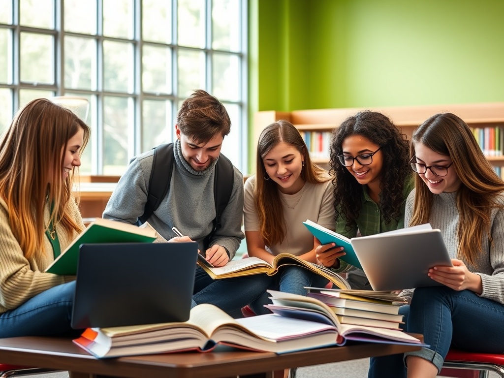 Группа студентов занимается в библиотеке, читая книги и работая на ноутбуке. Атмосфера дружелюбная.