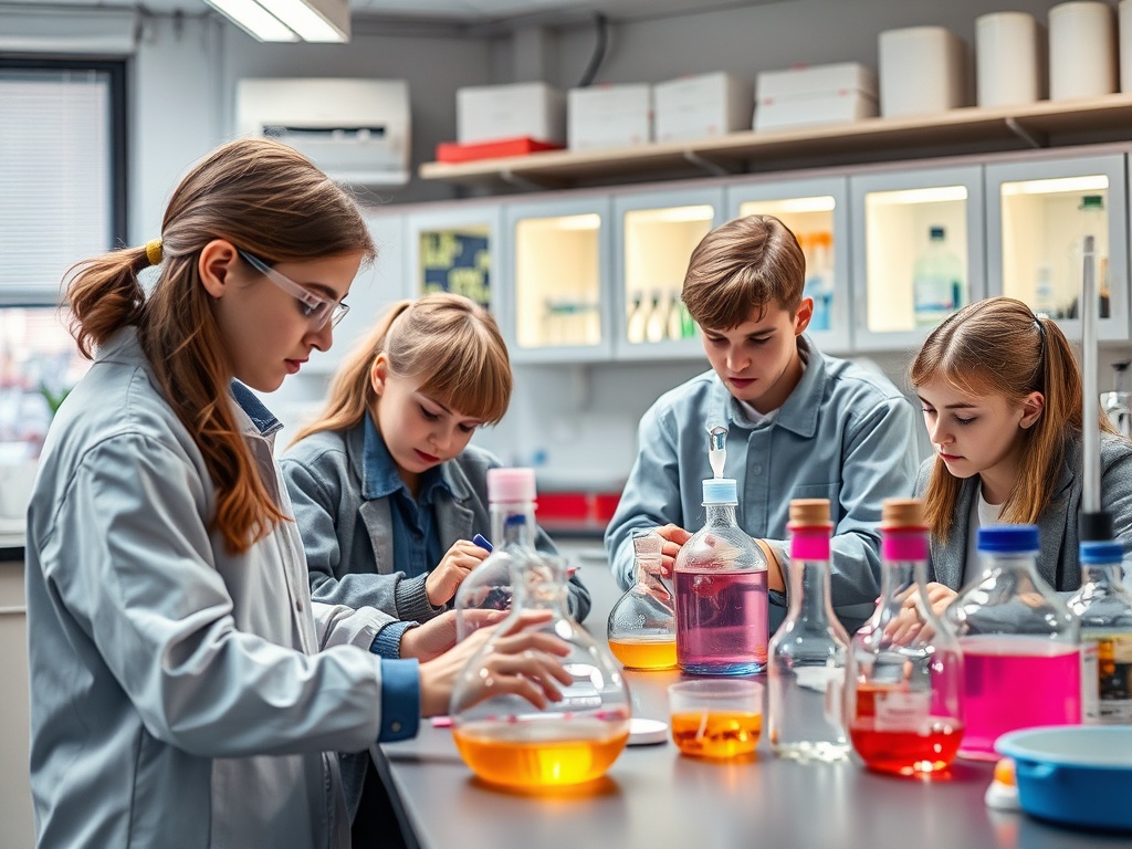 Четыре студента работают в лаборатории с колбами и яркими жидкостями, проводя эксперименты.