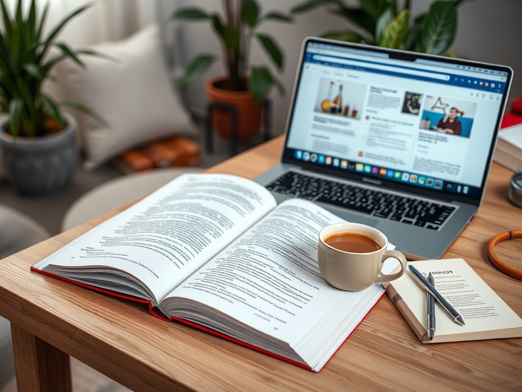 На столе открытая книга, чашка кофе, ноутбук и блокнот на фоне зелёных растений. Уютная домашняя обстановка.