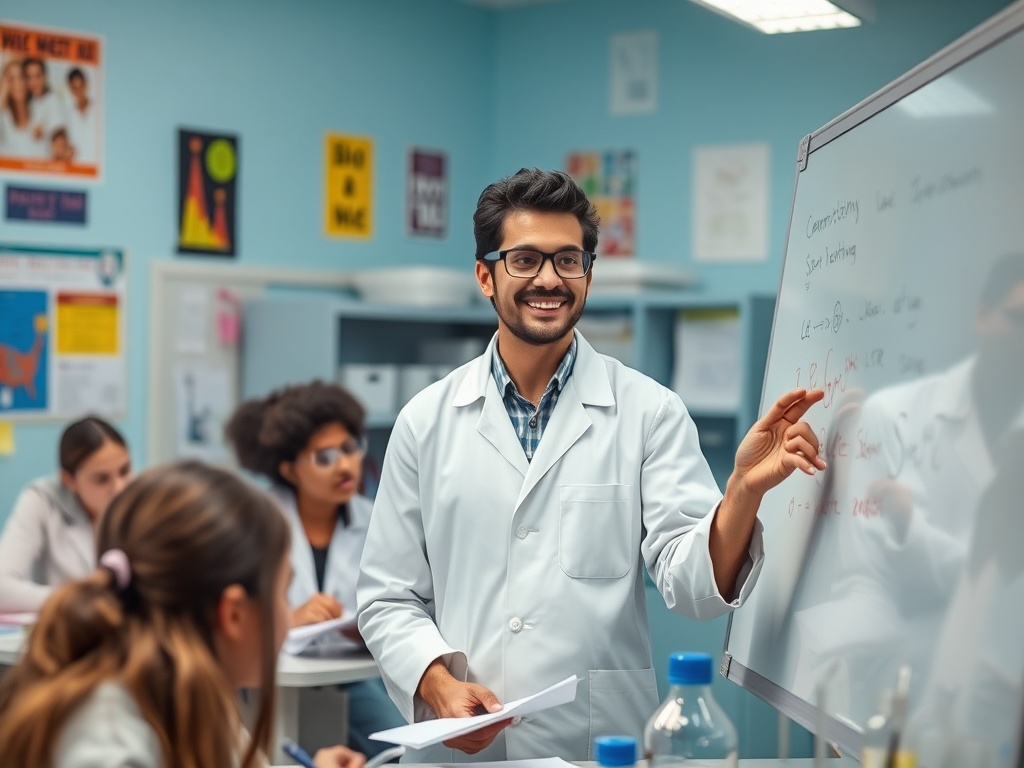 Учитель в белом халате объясняет материал группе студентов в классе с доской на фоне.