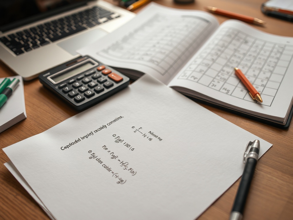 На столе расположены блокнот с расчетами, калькулятор и канцелярские принадлежности.