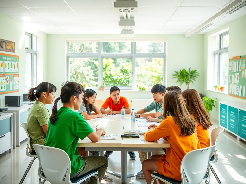 Группа школьников за столом в классе, обсуждают задания под ярким светом.