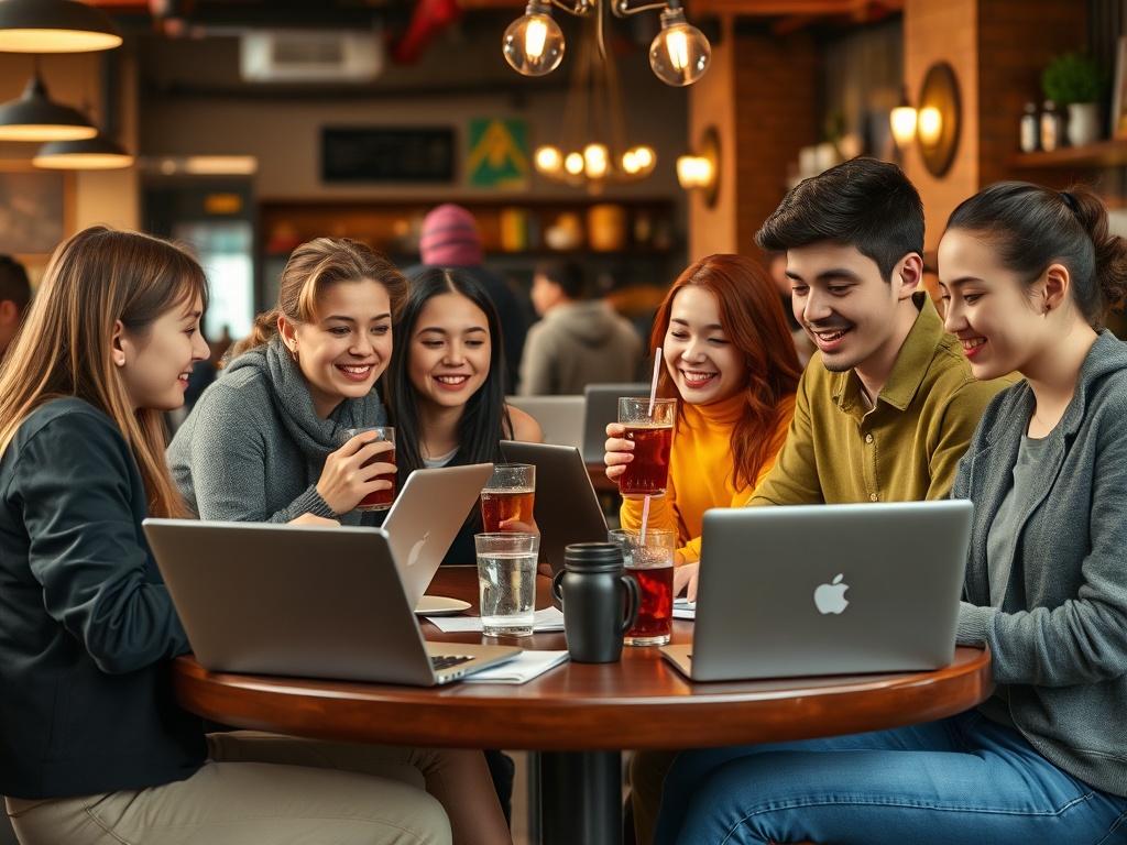 Группа друзей обсуждает что-то за столом в кафе, работая на ноутбуках и наслаждаясь напитками.
