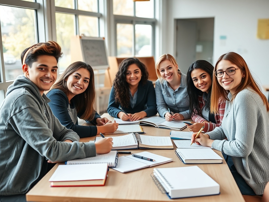 Группа студентов сидит за столом, улыбается и работает над заметками и учебниками.