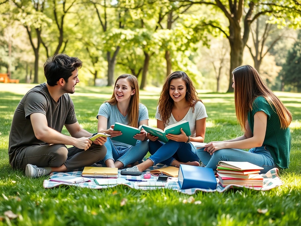 Группа студентов, сидя на траве, обсуждает книги и делится идеями. Яркая солнечная погода и зеленая природа.