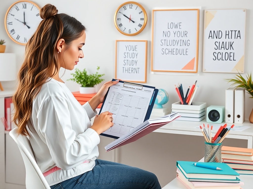 Студентка сидит за столом, изучая расписание. На стене постеры с мотивационными фразами и часы.