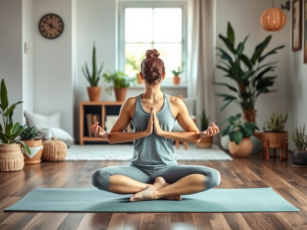 Женщина занимается йогой на коврике в светлой комнате, окруженной зелеными растениями.